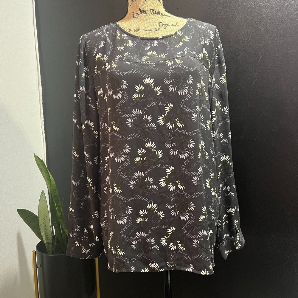 Loft Outlet Womens XL Blouse Dark Grey Floral Long‎ Sleeve Keyhole Back Top
